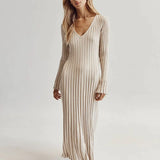 Aerelle™ V-Neck Sleeved Knit Midi Dress