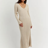 Aerelle™ V-Neck Sleeved Knit Midi Dress