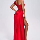 Colia Diamomate Mesh Corset Satin Maxi Dress - Red